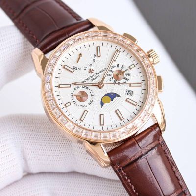 Vacheron Constantin Patrimony 9100 Movement Brown Cowhide Leather Strap 42mm for Men Rose Gold Case Watch